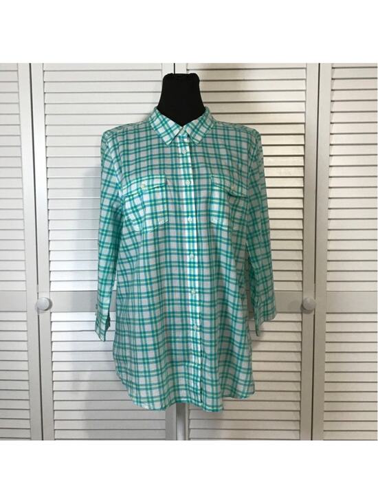 St. John's Bay Tops - St John’s Bay Green White Plaid Semi Sheer Roll Tab Sleeves Shirt Women L